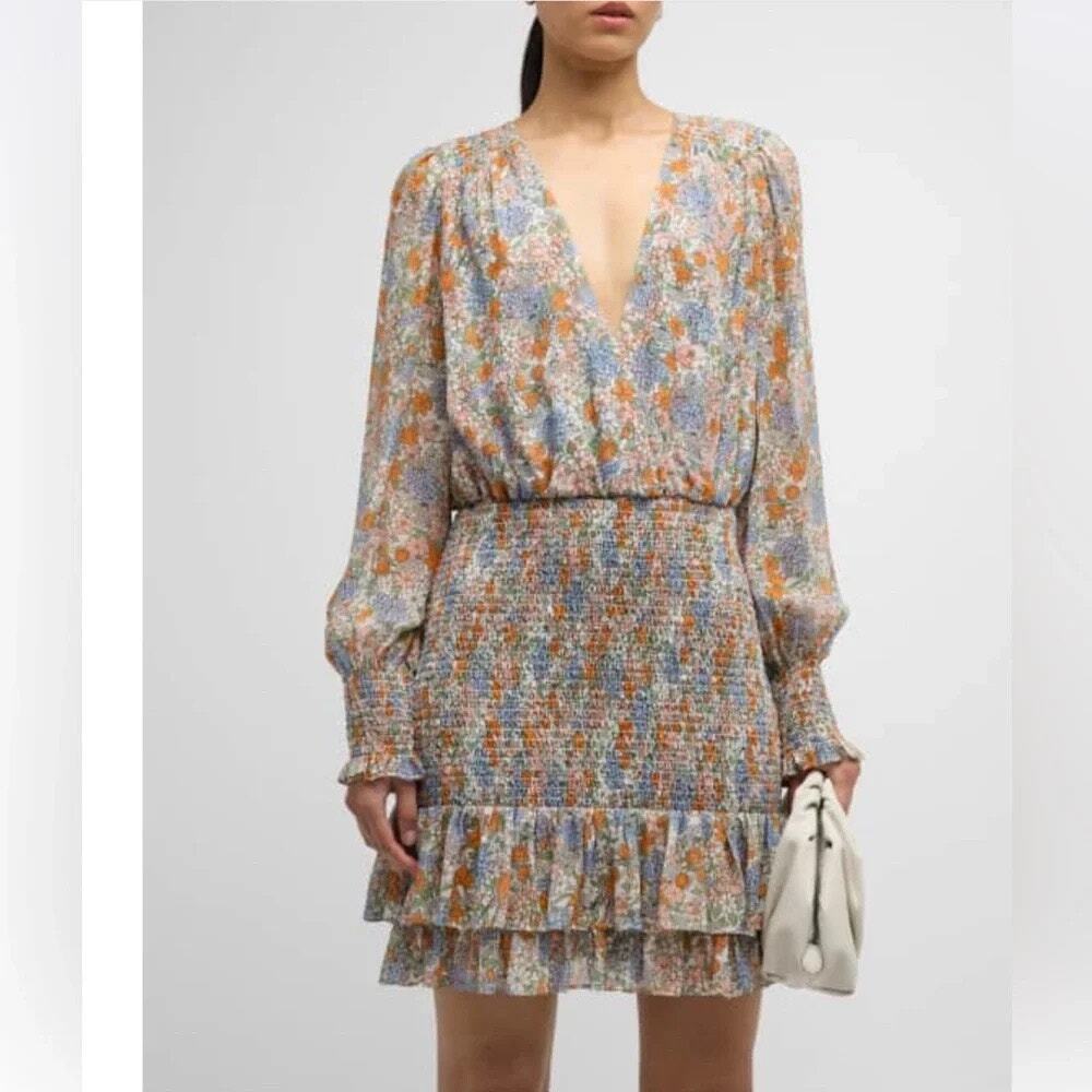 SZ 12 Veronica beard Saera Floral Smocked Silk Long-Sleeve Mini Dress NWT